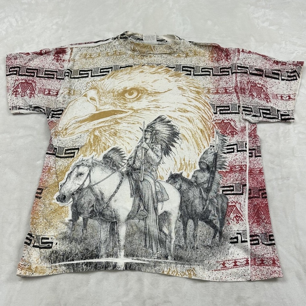 Unbranded Graphic Tee Mens L Multi Color All Over Print Eagle Native Warrior